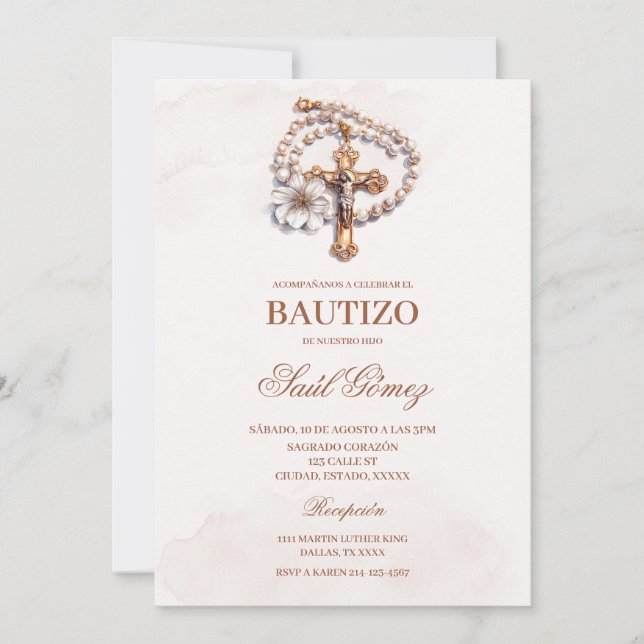 crucifix beige Baptême espagnol Invitation (Devant)