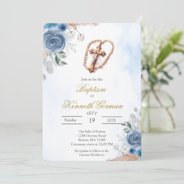 Crucifix blue boho floral baptism Invitation (Standing Front)