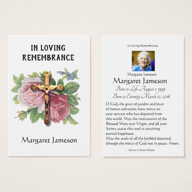 Crucifix Roses Catholic Funeral Memorial Holy Card (Front & Back)