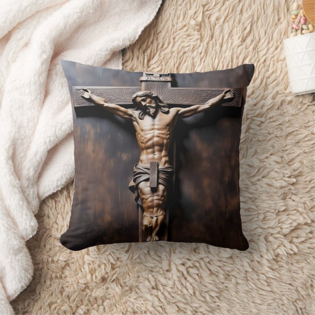 Crucifixion of Jesus on Wooden Cross Throw Pillow (Blanket)