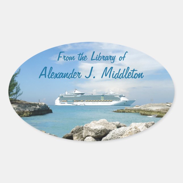 Cruise Ship at CocoCay Personalized Bookplate Oval Sticker (Front)