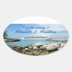 Cruise Ship at CocoCay Personalized Bookplate Oval Sticker