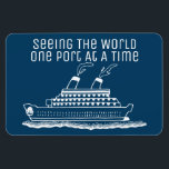 Cruise Ship Cabin Stateroom Door Marker One Port Magnet<br><div class="desc">Funny and fun cruise ship magnet with white line art design of a cruise ship and waves. Seeing the world one port at a time text can be changed to your own message as well as the blue background. Perfect for first time cruisers to cruiseaholics. These cruise ship magnets are...</div>