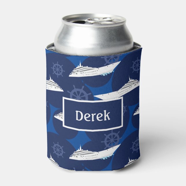 Cruise Ship Patterned Blue Personalised Can Cooler (Can Front)