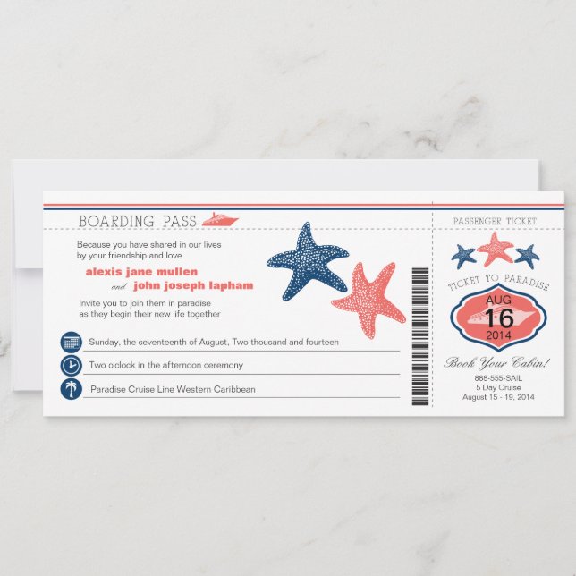 Cruise Ship Starfish Boarding Pass Wedding Invitation (Front)