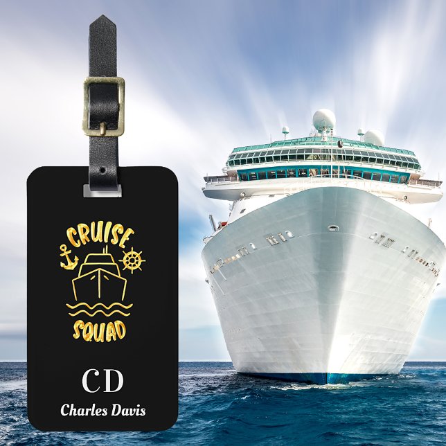 Cruise squad black gold monogram name luggage tag (Creator Uploaded)