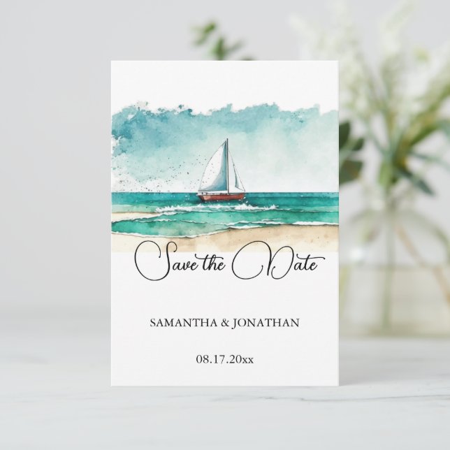 Cruise wedding, modern minimalist Watercolour Save The Date (Standing Front)