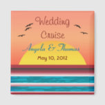 Cruise Wedding Personalized Sunset Favour Magnet<br><div class="desc">Sunset View personalized cruise wedding favour magnet. A wonderful square shaped magnet favour for a cruise themed wedding. Magnet features a romantic sunset coloured view digital art by XG Designs NYC. A unique cruise wedding favour keepsake from your special day. Personalize it with your names, and wedding date in the...</div>