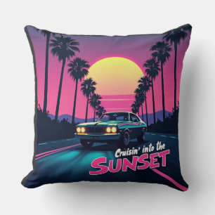 Cruisin' into the Sunset - 80s Retro Drive Throw Pillow