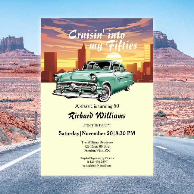 Cruising Classic Retro Car City 50th Birthday Invitation (Creator Uploaded)
