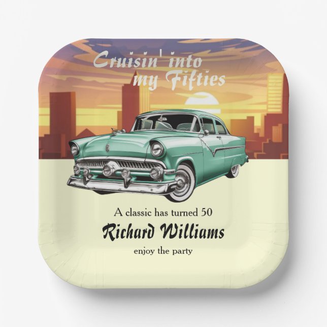 Cruising Classic Retro Car City 50th Birthday Paper Plate (Front)