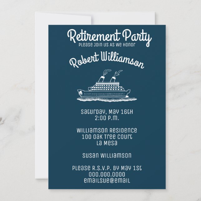 Cruising Into Retirement Blue Party Simple Modern Invitation (Back)
