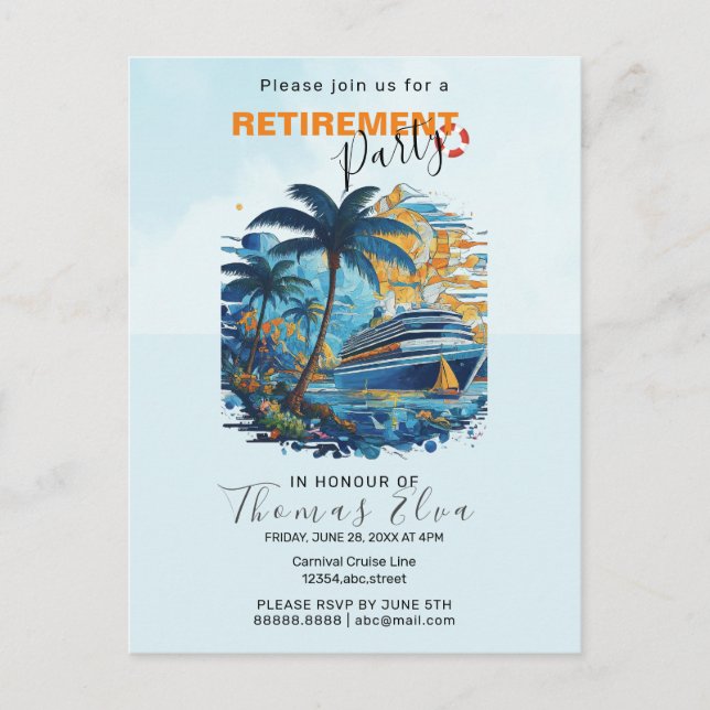 Cruising into Retirement Party, Cruise Party  Invitation Postcard (Front)