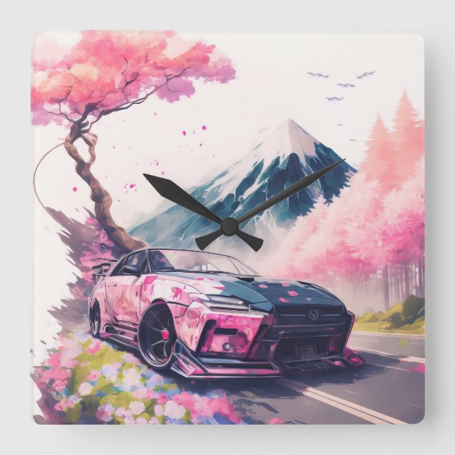 Cruising Through Cherry Blossom Landscape Square Wall Clock (Front)