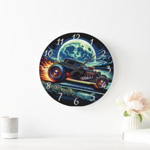 Cruising under the moonlight in a classic hot rod large clock