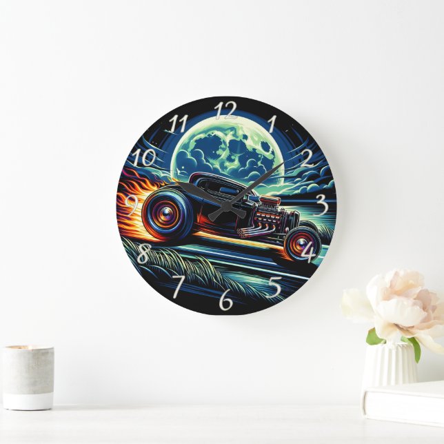 Cruising under the moonlight in a classic hot rod large clock (Home)