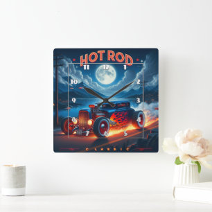 Cruising under the moonlight in a classic hot rod square wall clock