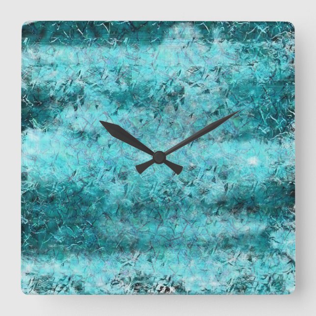 Crumpled blue neon paper square wall clock (Front)