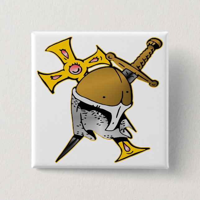 Crusader Helmet Cross & Sword 2 Inch Square Button (Front)