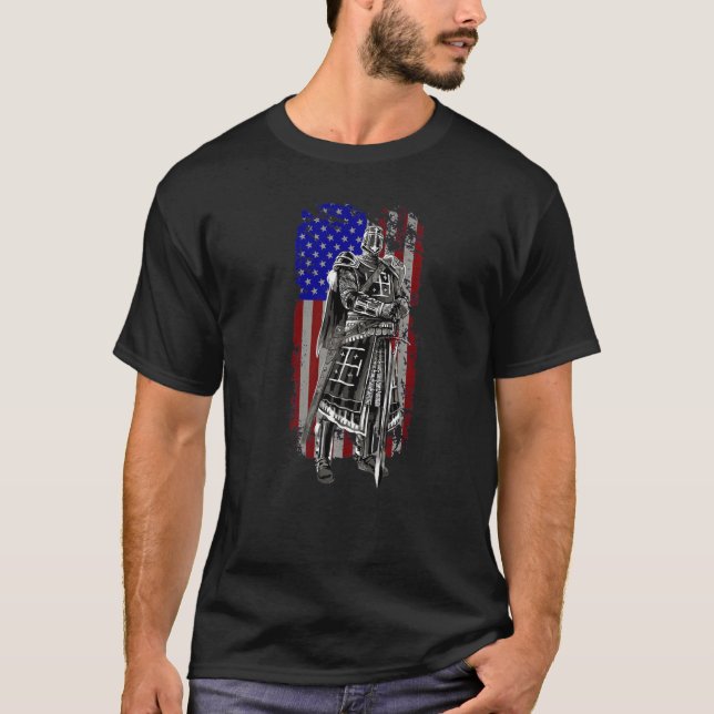Crusader Knight Templar God Warrior America Flag F T-Shirt (Front)