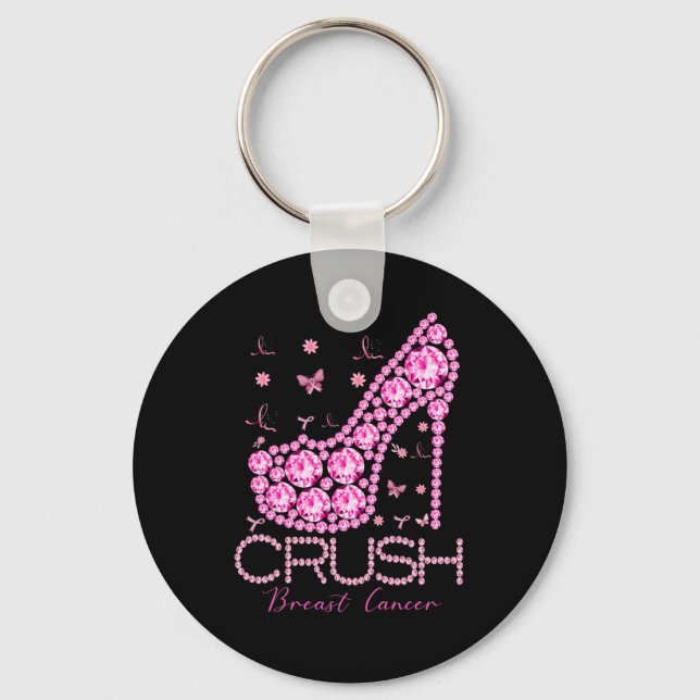 Crush Breast Cancer Awareness Bling Pink Ribbon Keychain (Front)
