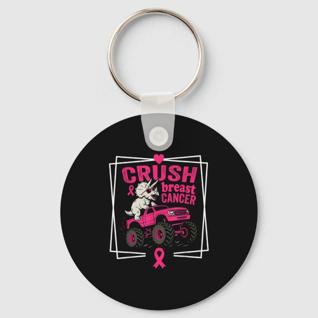 Crush Breast Cancer Dinosaur Driving A Pink Monste Keychain (Front)