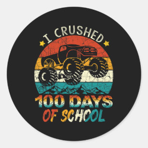 Crushed 100 Days Of School Monster Truck Kids Boys Classic Round Sticker
