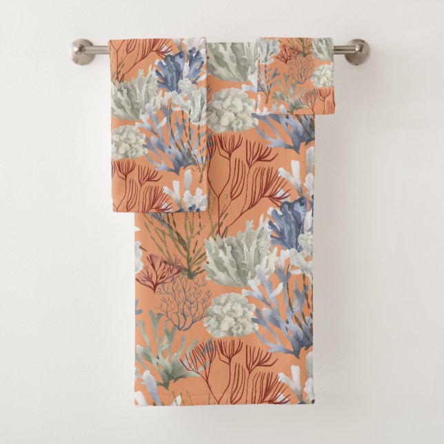 Crushed Apricots Solid with Undersea Print Bath Towel Set (Insitu)