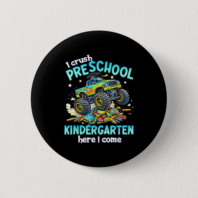 Crushed preschool kindergarten here come monster 2 inch round button (Front)