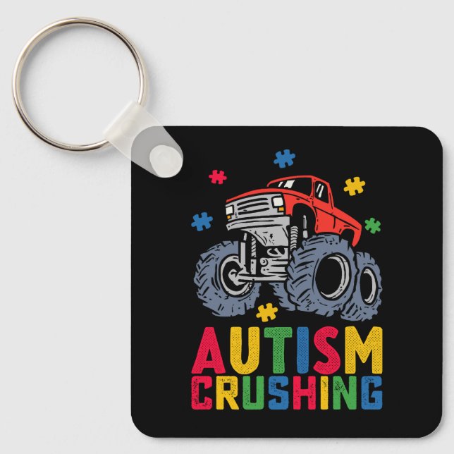 Crushing Autism Monster Truck Awareness Boy Girl Keychain (Front)