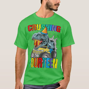 Crushing Fourteen Birthday Monster Truck Dinosaur T-Shirt