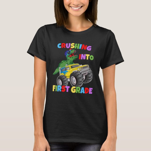 Crushing into 1st Grade Monster Truck Dinosaur Rex T-Shirt (Front)