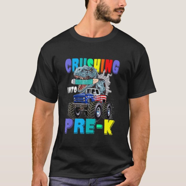 Crushing Into Pre K Monster Truck Dinosaur Boys T-Shirt (Front)