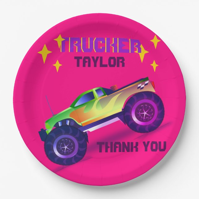 Crushing It MONSTER TRUCK Girls Pink Thank You Paper Plate (Front)