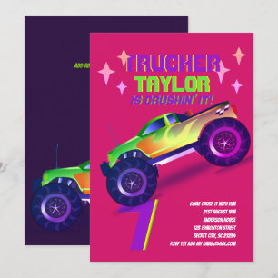 CRUSHING IT Monster Truck Neon Birthday Party Pink Invitation