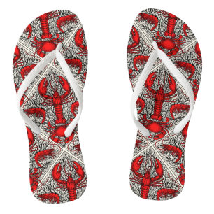 Crustacean in red, black and ivory flip flops