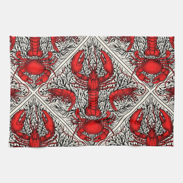 Crustacean in red, black and ivory kitchen towel (Horizontal)