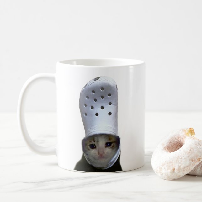 Crying Cat Croc Hat Meme Mug Double Sided (With Donut)