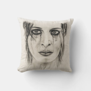 Crying girl - Drawing in pencil Throw Pillow