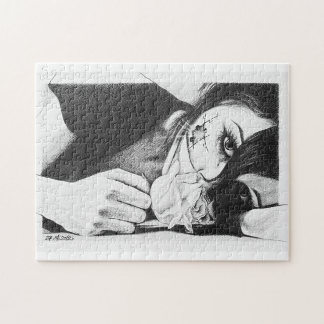 Crying girl with rose Surreal drawing art Jigsaw Puzzle (Horizontal)