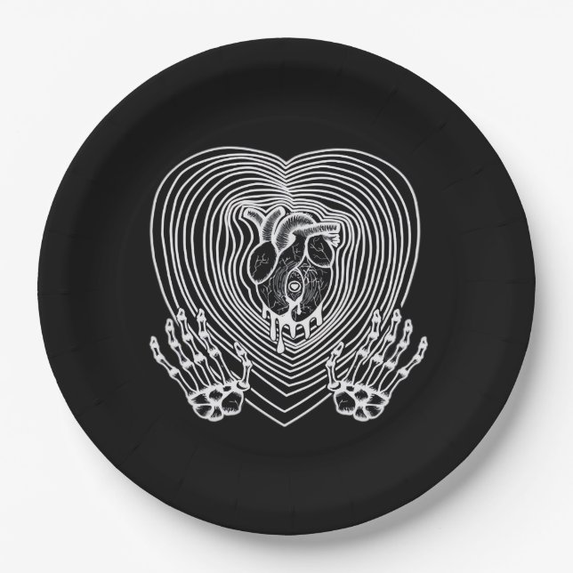 Crying Heart In White  - Skeleton Hands Hearts Paper Plate (Front)