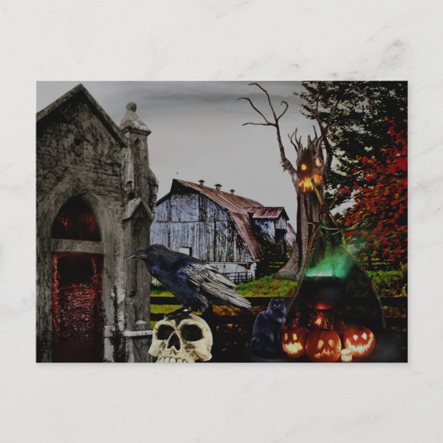 *~* Crypt Raven Witch Skulls HALLOWEEN Postcard (Front)