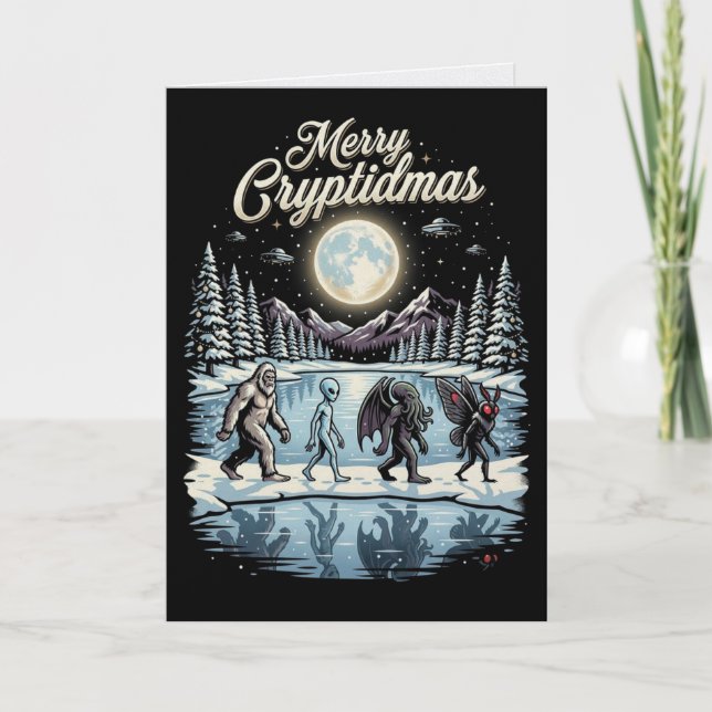 Cryptid Christmas Bigfoot Alien Mothman Card (Front)