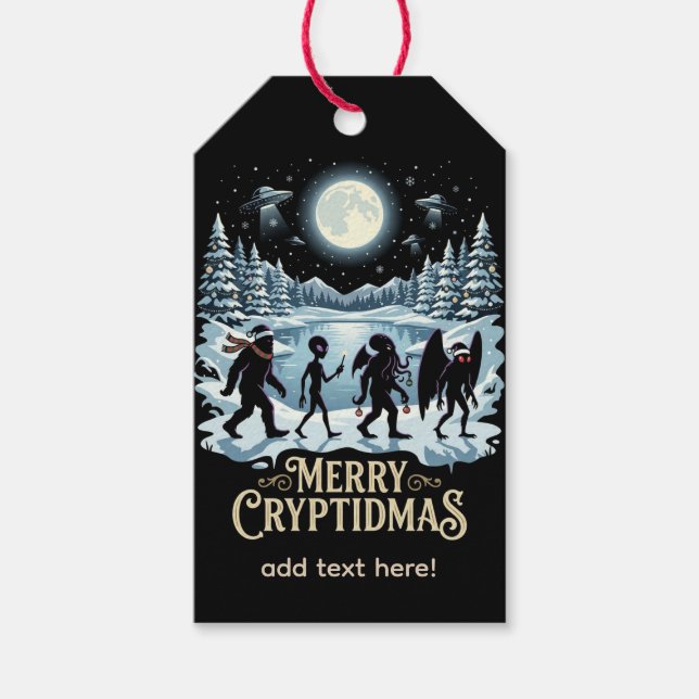 Cryptid Christmas Bigfoot Alien Mothman Gift Tag  (Front)