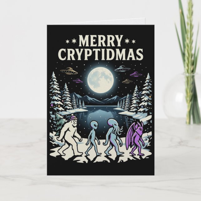 Cryptid Christmas Bigfoot Mothman Alien Card (Front)