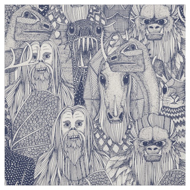 cryptid crowd blue off white fabric (Swatch)