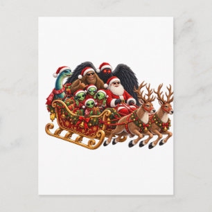 Cryptid Sleigh Ride Bigfoot Mothman Alien Santa Postcard