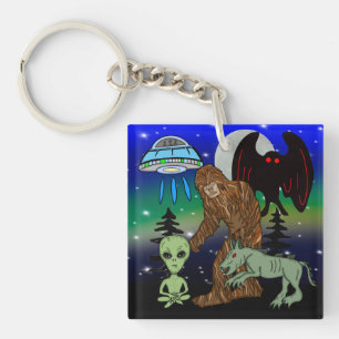 Cryptids, Bigfoot, Sasquatch, Mothman, Alien, UFO Keychain