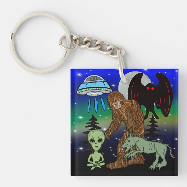 Cryptids, Bigfoot, Sasquatch, Mothman, Alien, UFO Keychain (Front)