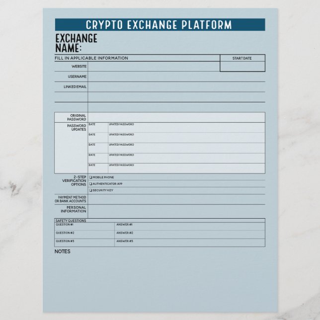 Crypto Exchange Platform Passwords Offline Keeper Flyer (Front)